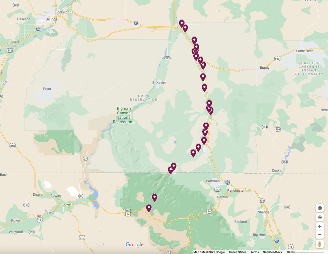 Map of my sample locations along the profile of the Little Bighorn River which sits on Apsáalooke territory.