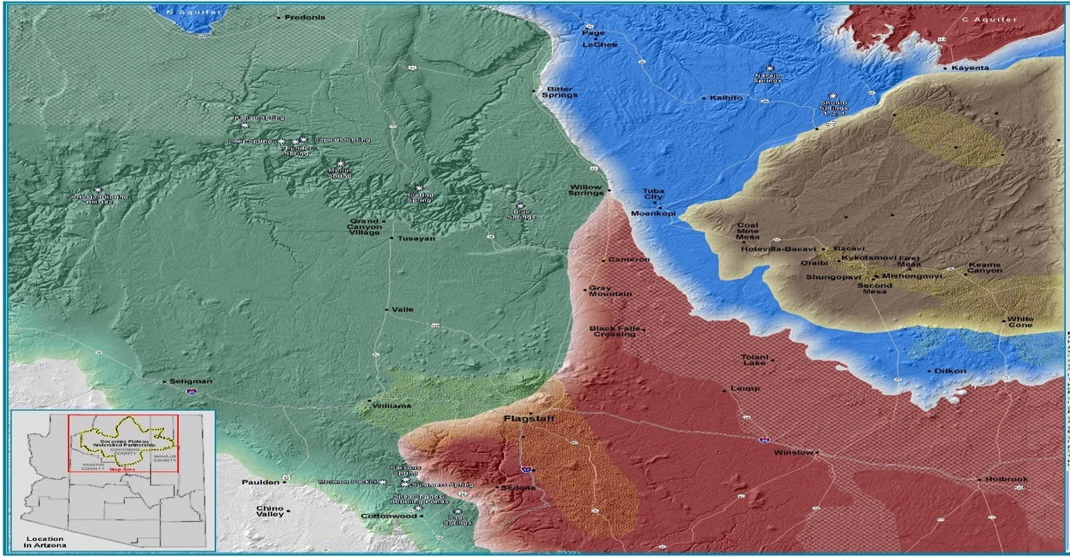 Map of Karst Groundwater Aquifers in Coconino Plateau Region (Adapted from BLM (2015)